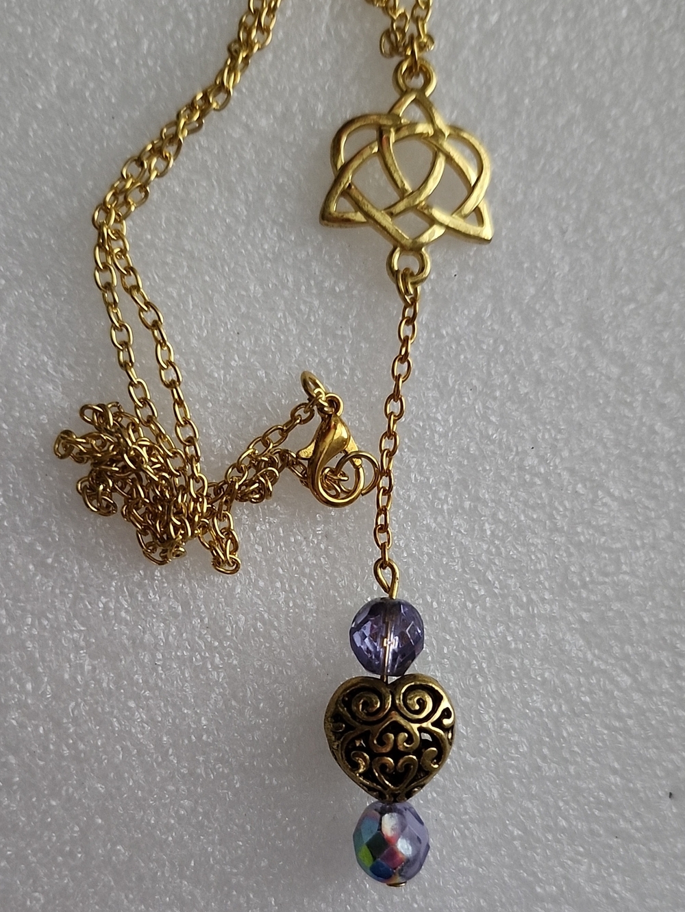 Hand Crafted Gold-Tone Celtic Heart Pendant Necklace with Purple Beads